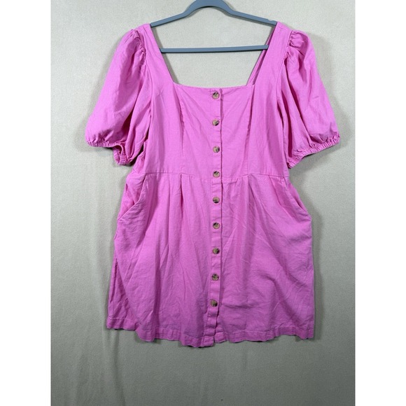 OLD NAVY Puff Sleeve Linen-Blend Dress Pink Button Front w/Pockets XL Babydoll - Picture 3 of 7